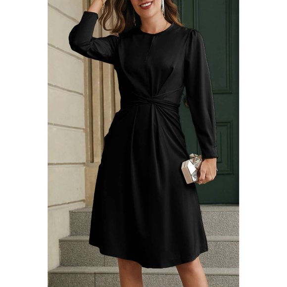Black Twist Front Tie Back Long Sleeve Satin Dress - Picture 3 of 16